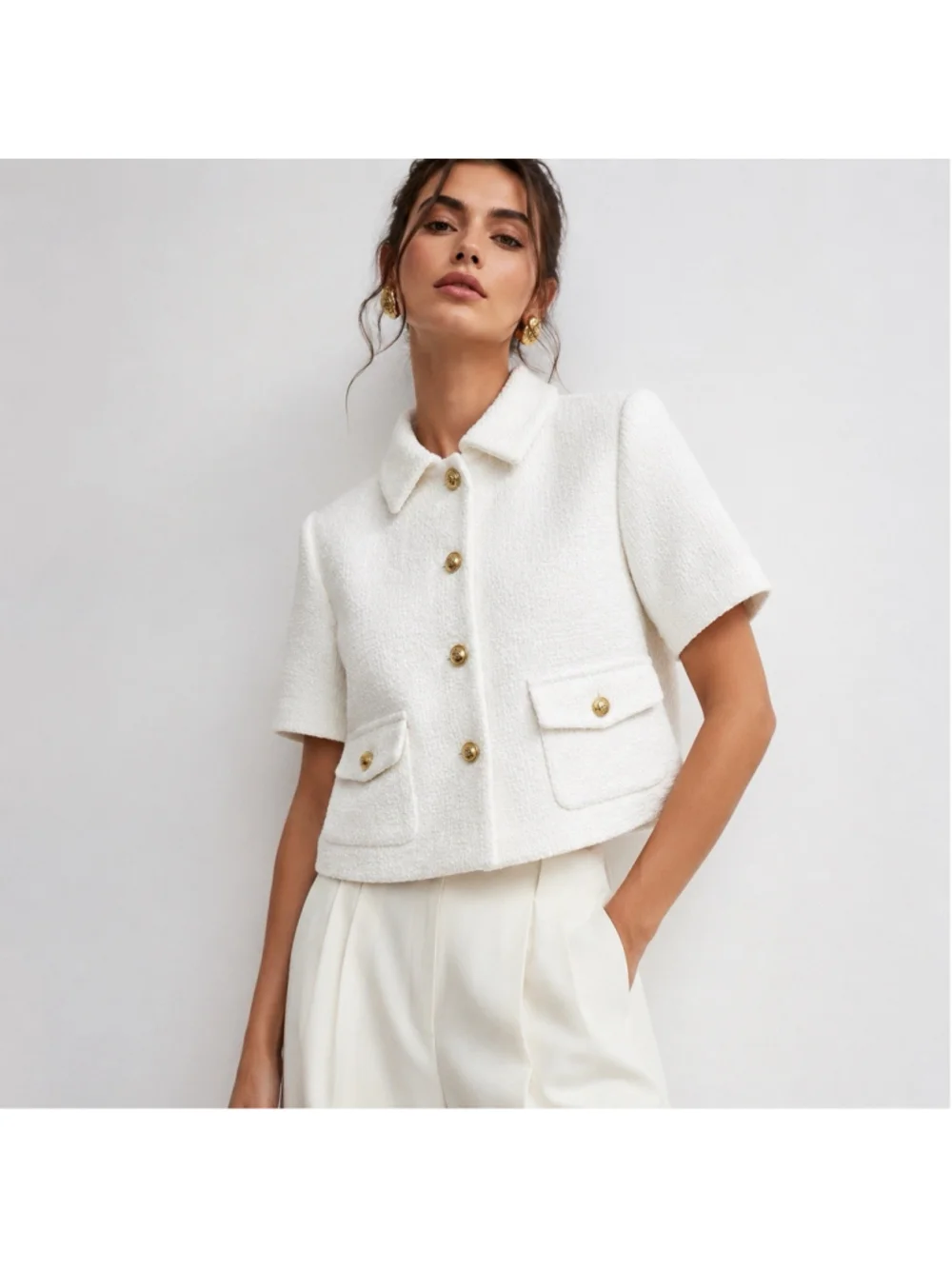 Ann Taylor White Bouclé Cropped Boxy Shimmer Short Sleeve Jacket Blazer 16 NWT